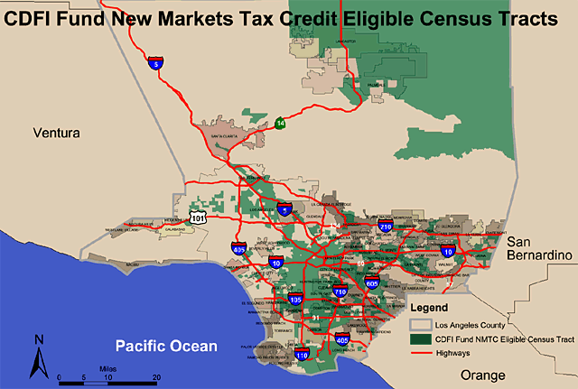 This map shows areas of Los Angeles with high levels of poverty. These areas make up the LDC's target market.